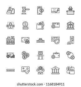 Collection of 25 credit outline icons include icons such as exchange, wallet, credit card, ratings, supermarket, buying, auction, money, coin, password, atm, receipt