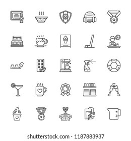 Collection of 25 cup outline icons include icons such as tea bag, cake, office, hockey, soccer, medal, measuring cup, certificate, cocktail, frozen yogurt, sport, cup, soup