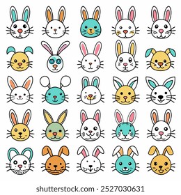 A collection of 25 cute and colorful bunny rabbit faces, perfect for adding a touch of whimsy to your designs. These adorable illustrations are ideal for kids' products, Easter projects.