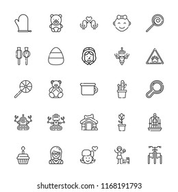 Collection of 25 cute outline icons include icons such as mitten, teddy bear, cupcake, girl, lollipop, tricycle, baby girl, love birds, robot, bird cage, rattle, paw, candy