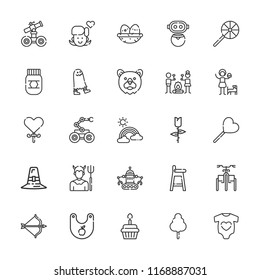Collection of 25 cute outline icons include icons such as tulip, cupcake, tricycle, baby clothes, lollipop, girl, devil, artemis, robot, smore, bear, cotton candy, bib, nest