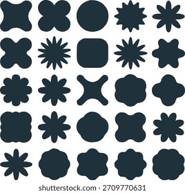 A collection of 25 dark grey, abstract, geometric shapes with rounded edges and star-like or floral patterns on a white background.