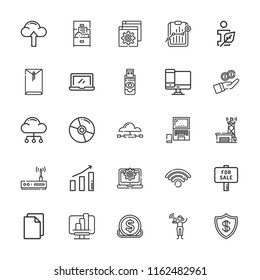 Collection of 25 data outline icons include icons such as investment, information ecology, protection, laptop, browser, free wifi, wifi, cd, cloud computing, file, for sale