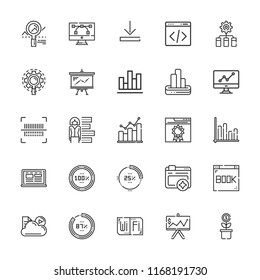 Collection of 25 data outline icons include icons such as bar code, network, coding, bar chart, laptop, browser, line chart, growth, download, , analytics, percentage