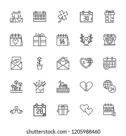 Collection of 25 day outline icons include icons such as hours, heart, broken heart, calendar, gift, present, tulips, storm, gifts, love letter, tulip, clover, valentines day