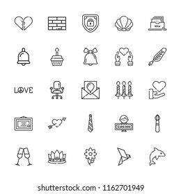 Collection of 25 decoration outline icons include icons such as shield, winner, poppy, brush, desk chair, bell, bird, love, birthday card, candles, cupcake, stemware, brick