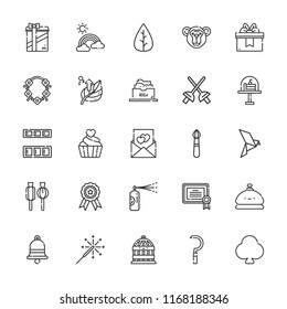Collection of 25 decoration outline icons include icons such as clover, leaf, bell, brush, bird, pastry cream, sparkler, fencing, necklace, filing cabinet, badge, certificate