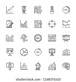 Collection of 25 diagram outline icons include icons such as bar chart, pie chart, for sale, stats, strategy, growth, diagram, analytics, structure, percentage, profits