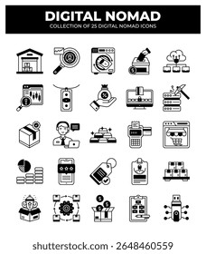 Coleção de 25 Ícones Nômades Digitais. Trabalho remoto. Freelancer. Negócios on-line Comércio Eletrônico