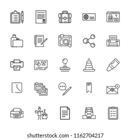 Collection of 25 document outline icons include icons such as contract, printer, browser, master of ceremonies, share, clipboard, briefcase, file, notes, pencil, reporting