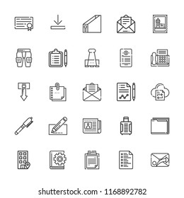 Collection of 25 document outline icons include icons such as contract, email, clipboard, list, office, pads, download, paper clip, sticky note, pen, folder, suitcase, diploma