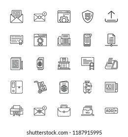Collection of 25 document outline icons include icons such as email, add button, browser, file, upload, passport, documentation, shredder, filing cabinet, html, certificate
