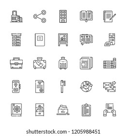 Collection of 25 document outline icons include icons such as book, suitcase, notes, office, secret file, share, pen, cabinet, filing cabinet, test, books, list, bill, email