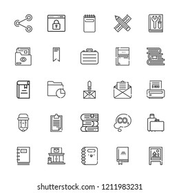 Collection of 25 document outline icons include icons such as browser, book, briefcase, files and folders, share, folder, bookmark, suitcases, sketchbook, notepad, clipboard