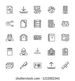 Collection of 25 document outline icons include icons such as plan, suitcase, download, file, upload, document, office, browser, notepad, planning, sharing, email, degree