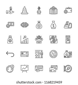 Collection of 25 dollar outline icons include icons such as casino, money, wallet, return, money bag, dollar coins, stacking, line graph, exchange, credit card, atm, profits