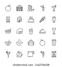 Collection of 25 drink outline icons include icons such as coffee, cocktail, kettle, waitress, tea bag, punch bowl, snack, soft drink, hotel, barrel, coffee cup, blender