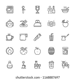 Collection Of 25 Drink Outline Icons Include Icons Such As Kettle, Minibar, Coffee Cup, Soda, Healthy Food, Water Skiing, Sidecar, Cocktail, Baby Food, Baby Mug, Coffee Pot