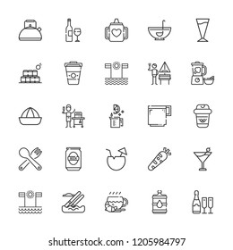 Collection Of 25 Drink Outline Icons Include Icons Such As Kettle, Champagne, Punch Bowl, Water, Water Skiing, Blender, Baby Mug, Fork, Margarita, Lemon Squeezer, Coffee