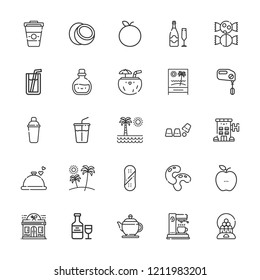 Collection of 25 drink outline icons include icons such as mixer, soft drink, snowboard, tangerine, coconut, coffee, champagne, shaker, sweet, cup, restaurant, candy machine