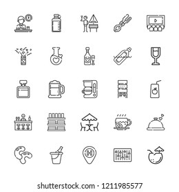 Collection of 25 drink outline icons include icons such as champagne, bar, hotel, juice, tongs, beer, mixer, water dispenser, cinema, whiskey, coconut, picnic, german, bottle