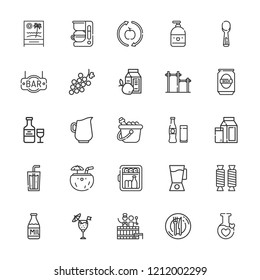 Collection of 25 drink outline icons include icons such as ice bucket, liquid, jug, minibar, milk, dinner, soda, healthy food, cocktail, mixer blender, grape, barrel, beverage