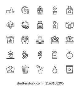 Collection of 25 eco outline icons include icons such as broccoli, flower, green energy, hydroelectric power station, information ecology, natural resources, recycle bin
