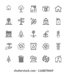 Collection of 25 eco outline icons include icons such as pine, recycle bin, renewable energy, sprout, home, panel, field of view, turbine, environment, leaf, tote bag