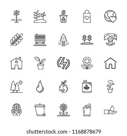 Collection of 25 eco outline icons include icons such as renewable energy, home, planet earth, recycling, save water, biodiesel, recycle, field of view, shopping bag, plant