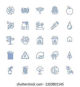 Collection of 25 eco outline icons include icons such as pine, tree, flower, panel, planet earth, recycling, paper bag, energy, home, turbine, lemon, recycle bin, blueberries