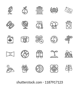 Collection of 25 ecology outline icons include icons such as recycle, earth globe, flower, panel, planet earth, biodiesel, fins, oxygen, field of view, planet, petals, earth