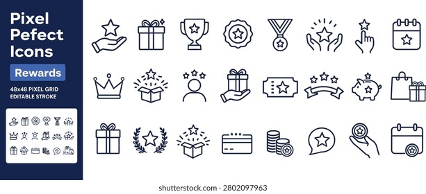 Collection of 25 editable stroke icons for rewards, loyalty programs, and achievements in 48x48 pixel grid