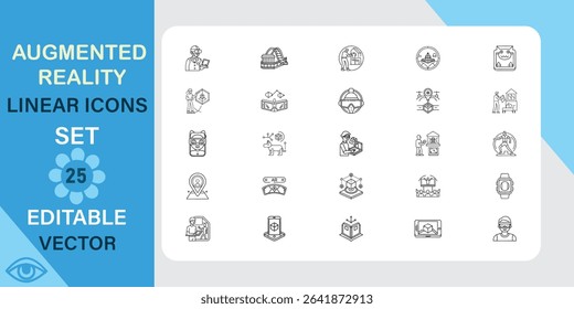 Collection of 25 editable vector linear icons related to augmented reality, including technology, interfaces, and applications.