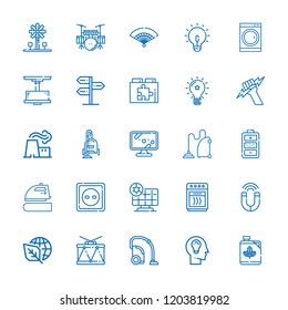 Collection of 25 electric outline icons include icons such as ecology, power plant, tv, oven, vacuum cleaner, panel, drum, biodiesel, idea, solar panel, socket, fan, drum set