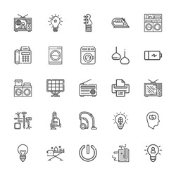 Collection Of 25 Electrical Outline Icons Include Icons Such As Light Bulb, Washing Machine, Iron, Vacuum Cleaner, Idea, Printer, Battery, Charging, Electric Guitar, Power