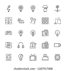 Collection of 25 electrical outline icons include icons such as electricity, kettle, water boiler, fax, battery, light bulb, idea, innovation, voltmeter, headphones, switch