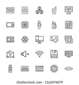 Collection of 25 electronic outline icons include icons such as calculator, computer, credit card, cpu, engineer, microwave oven, synthesizer, floppy disk, mixer, speaker