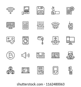 Collection of 25 electronic outline icons include icons such as computer, laptop, bitcoin, credit card, calculator, engineer, mixer, washing machine, gameboy, floppy disk