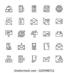 Collection of 25 email outline icons include icons such as internet, mail, address book, contact, email, stationary, message, files, file, inbox, card, love letter