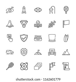Collection of 25 emblem outline icons include icons such as winner, protection, tap, flag, atomic, eye, medal, peace treaty, shower, bobsleigh, racket, rafting, tennis racket