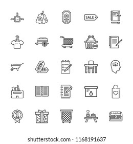 Collection of 25 empty outline icons include icons such as basket, hanger, box, notes, charging, tag, badge, shopping bag, notebook, chest, cart, table, tags, shopping cart