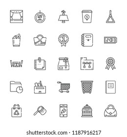 Collection of 25 empty outline icons include icons such as basket, shopping bag, folder, sticky note, badge, holder, app, paper bag, stage, battery, box, bird cage