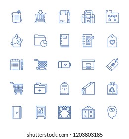 Collection of 25 empty outline icons include icons such as battery, folder, charging, paper bag, tag, bag, shopping bag, poster, price tag, shopping cart, stage, notebook