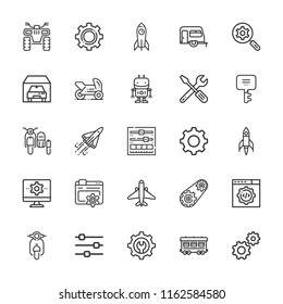 Collection of 25 engine outline icons include icons such as engine, robot, settings, search engine, rocket, garage, keyword, optimization, motorbike, web development, quad