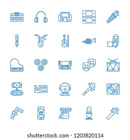 Collection Of 25 Entertainment Outline Icons Include Icons Such As Casino Chip, Dominoes, Drum, Piano, Record Player, Virtual Reality, Violin, Microphone, Tape Player