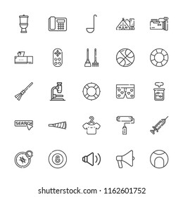 Collection of 25 equipment outline icons include icons such as billiard, megaphone, telephone, toilet, hanger, beaker, syringe, horn, speakers, broom, search, basketball