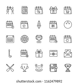Collection of 25 event outline icons include icons such as disco, gift, news, birthday card, trophy, bowling, golf, rowing, agenda, calendar, newspaper