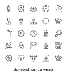 Collection of 25 face outline icons include icons such as hours, eye mask, mustache, clock, hamster, robot, rattle, user, woman, users, mask, stewardess, pilot, walrus, pig
