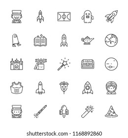 Collection of 25 fantasy outline icons include icons such as rocket, basketball court, spaceship, ghost, mask, wizard, mars, neptune, rocket ship, chest, magic wand, armor