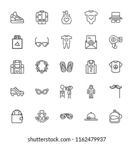 Collection of 25 fashion outline icons include icons such as shopping bag, hair dryer, perfume, suit, shirt, glasses, mustache, letter, bag, basketball jersey, jacket, shoe